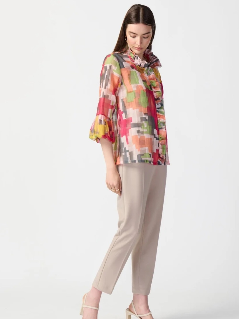 Joseph Ribkoff Size 10 Pixelated Geometric Ruffle-Front Sheer Blouse - Picture 2 of 16
